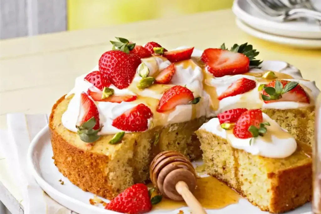 Strawberry and Pistachio Drizzle Cake