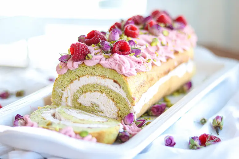 Pistachio Rosewater Swiss Roll