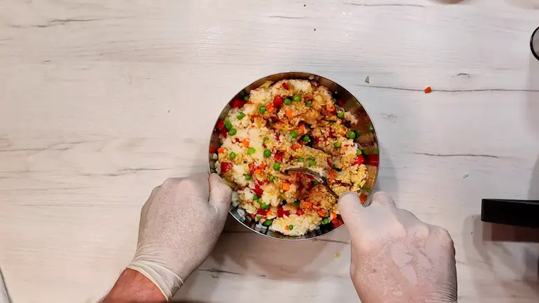 mix veggies into the bowl -2- Air Fryer Fried Rice