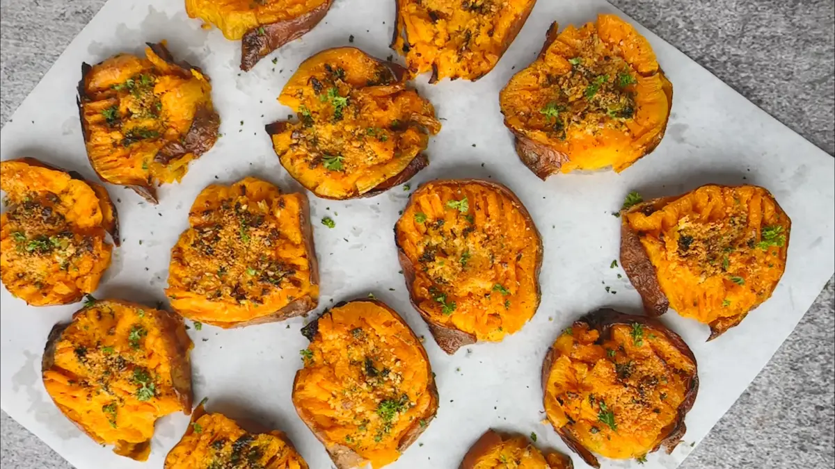 Smashed Sweet Potatoes on a serving plate