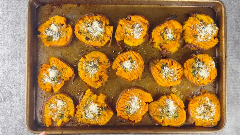 Smashed Sweet Potatoes ready for baking