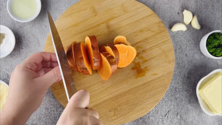 cutting Sweet Potatoes into thin slices