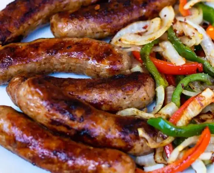 Grilled Deer Sausage with Peppers and Onions 